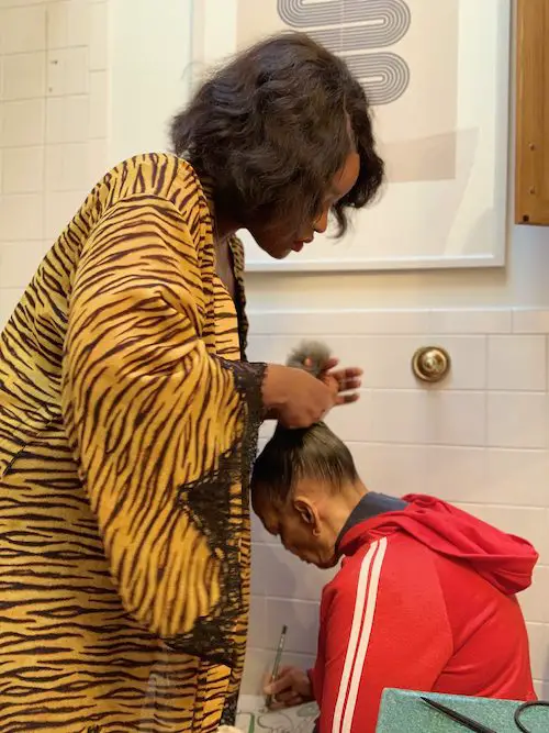 brushing mom's hair